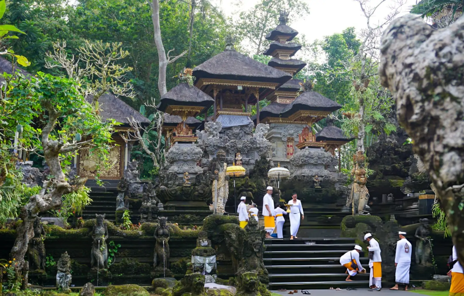 Morning temple ceremony in Ubud during Galungan festival Bali