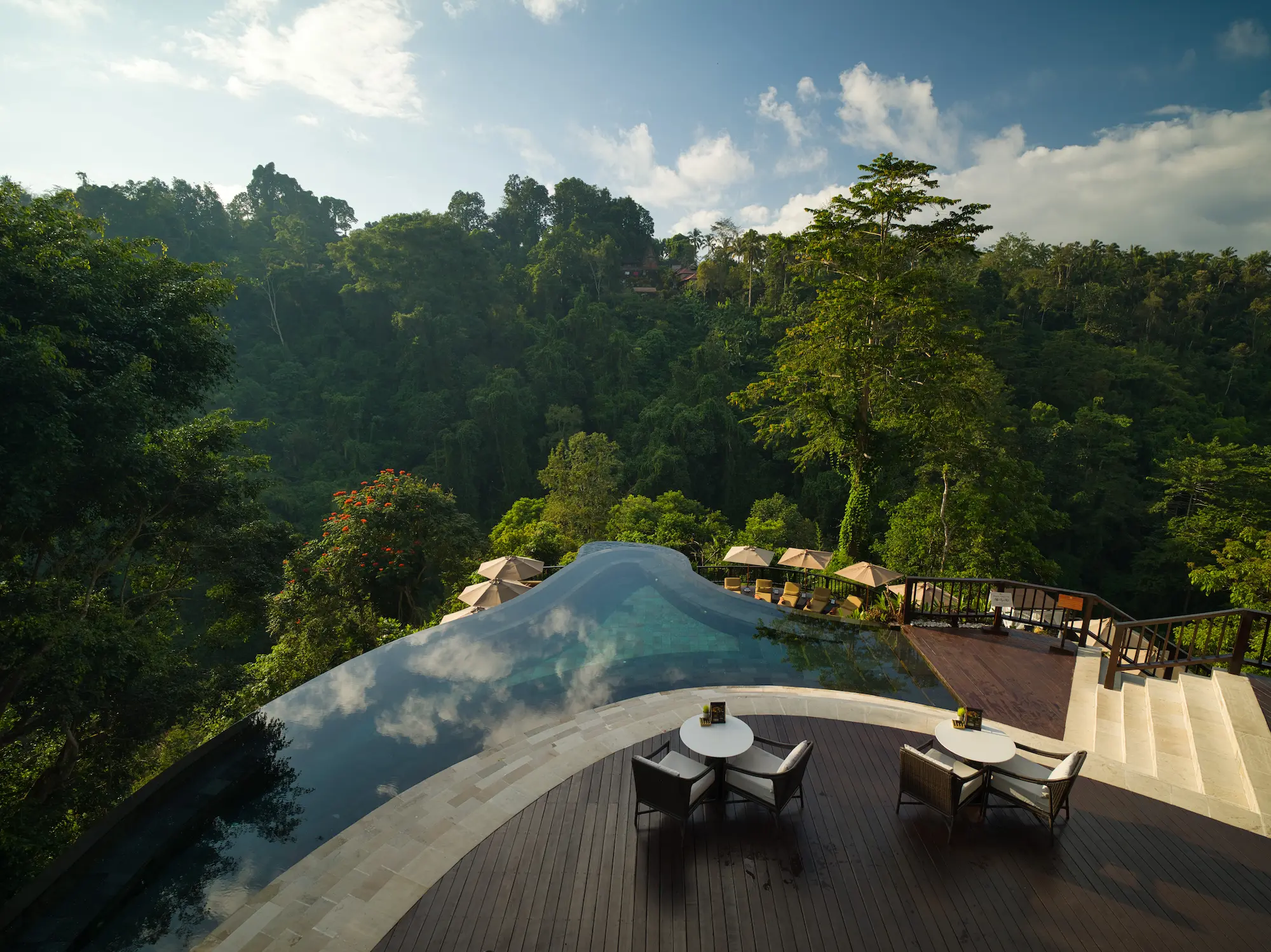 Infinity pool at Hanging Gardens of Bali overlooking the rainforest valley in Ubud