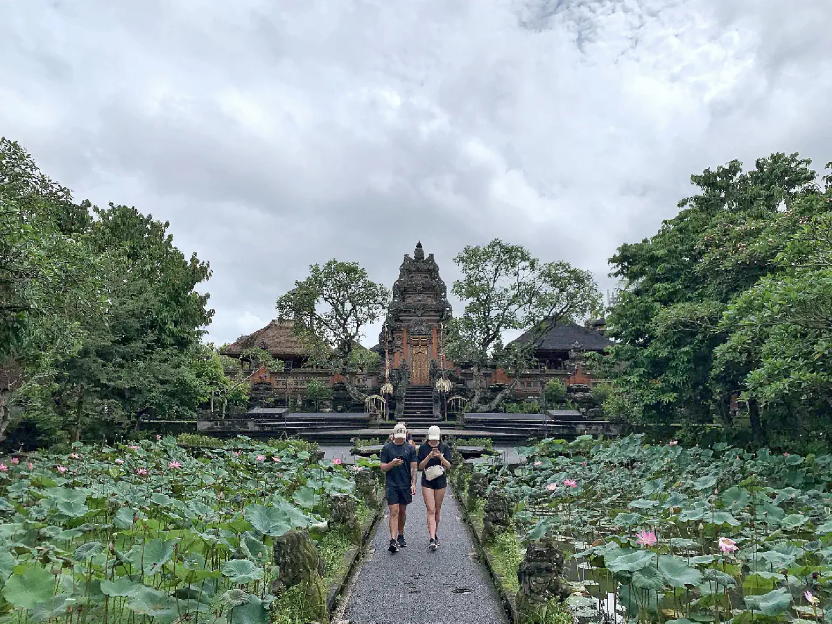 Quiet Ubud temple in March with fewer tourists during green season