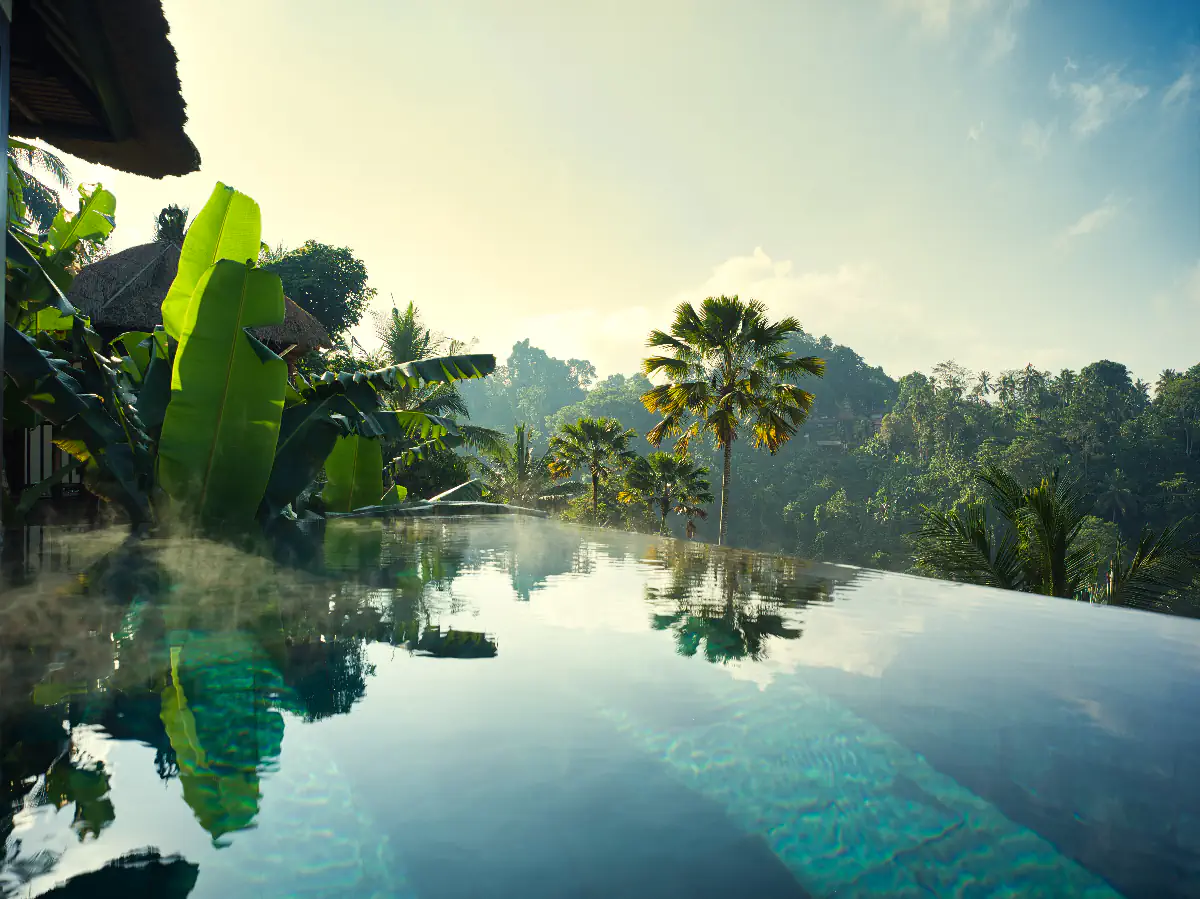 Private pool villa at Hanging Gardens of Bali surrounded by misty rainforest in March