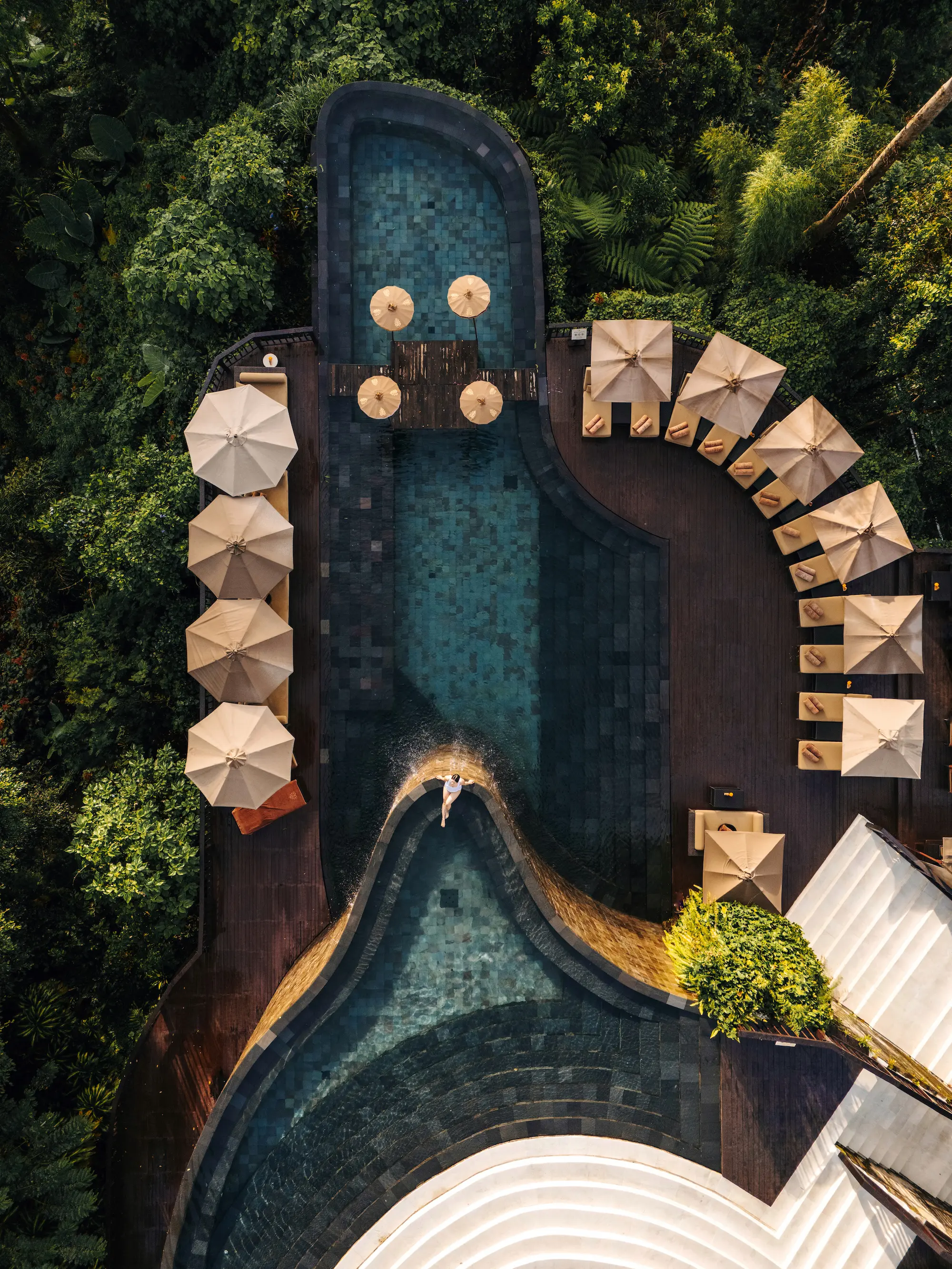 Infinity pool at Hanging Gardens of Bali overlooking the rainforest valley in Ubud