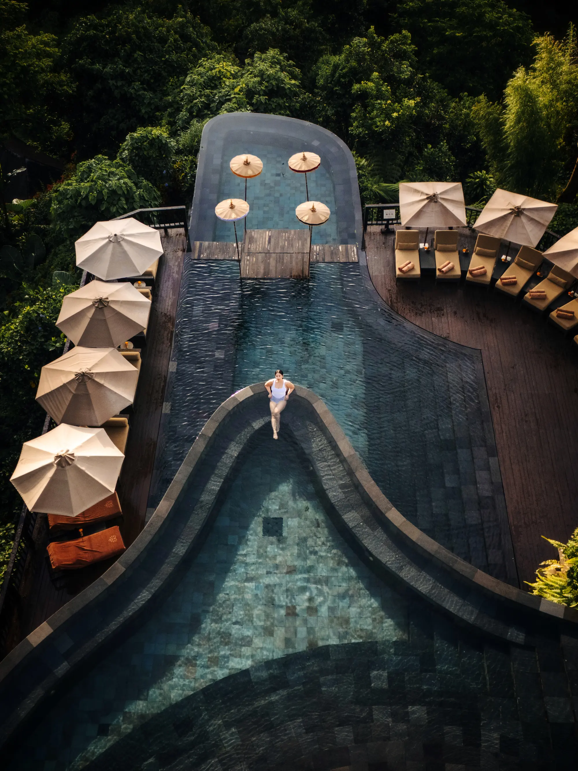 Infinity pool at Hanging Gardens of Bali overlooking the rainforest valley in Ubud
