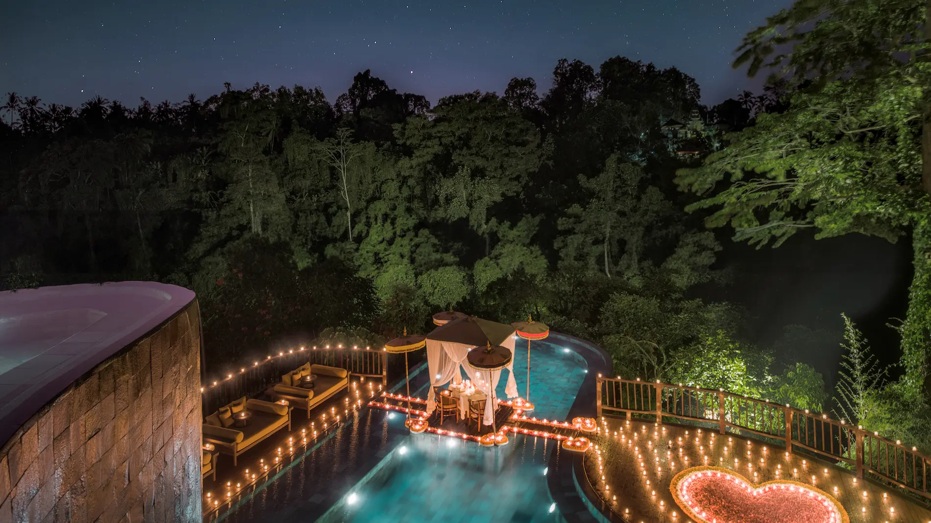 Fine dining at Three Elements Restaurant in Ubud, Hanging Gardens of Bali, featuring Michelin-style dishes, wagyu beef, lobster, and luxury jungle views.