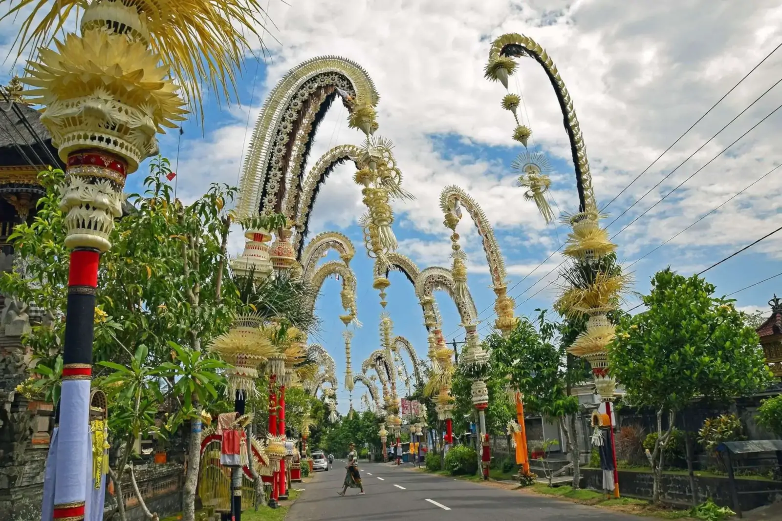 Penjor decorations in Bali during Galungan festival in Ubud village