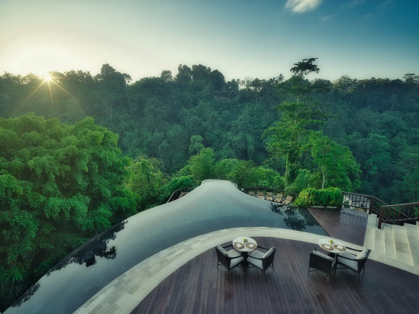 Infinity pool overlooking Ubud rainforest during quiet season in March