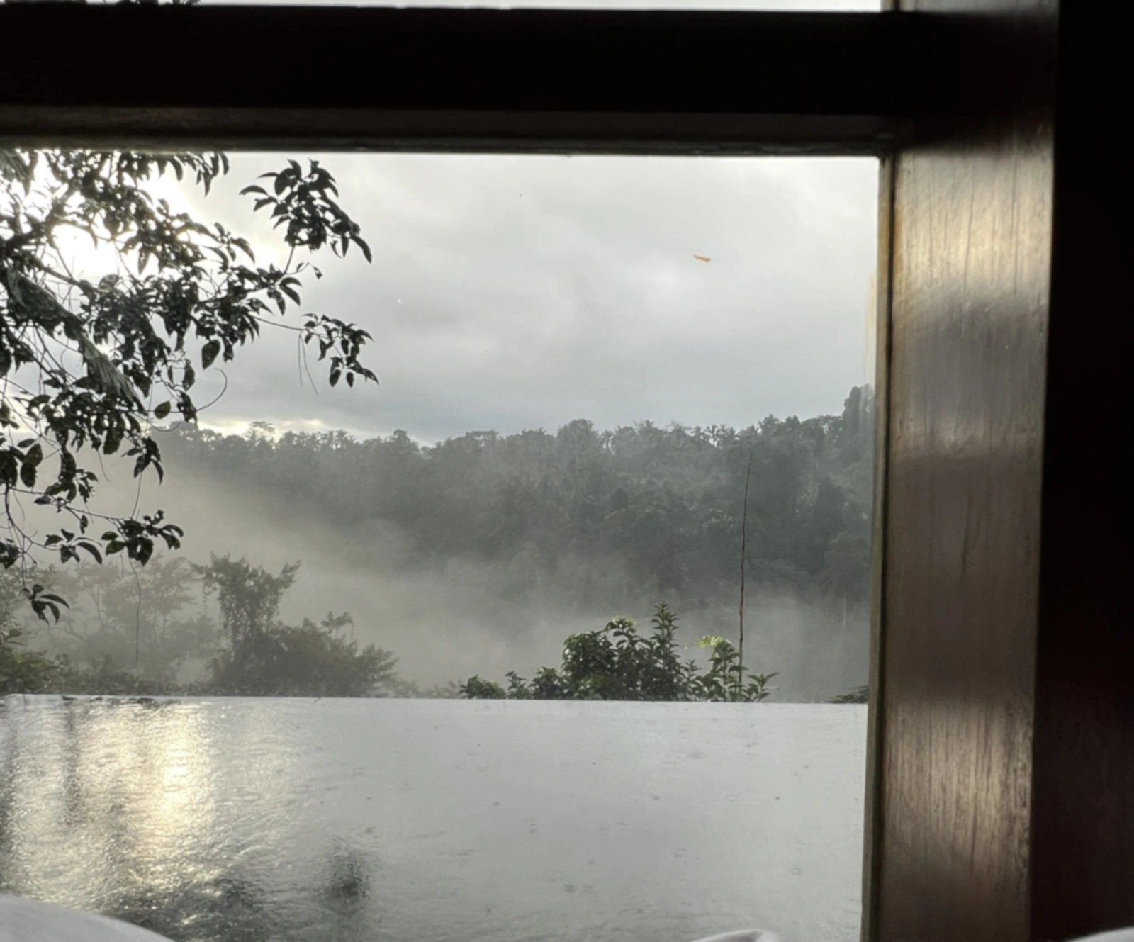 March rainfall over Ubud rainforest valley during spiritual retreat