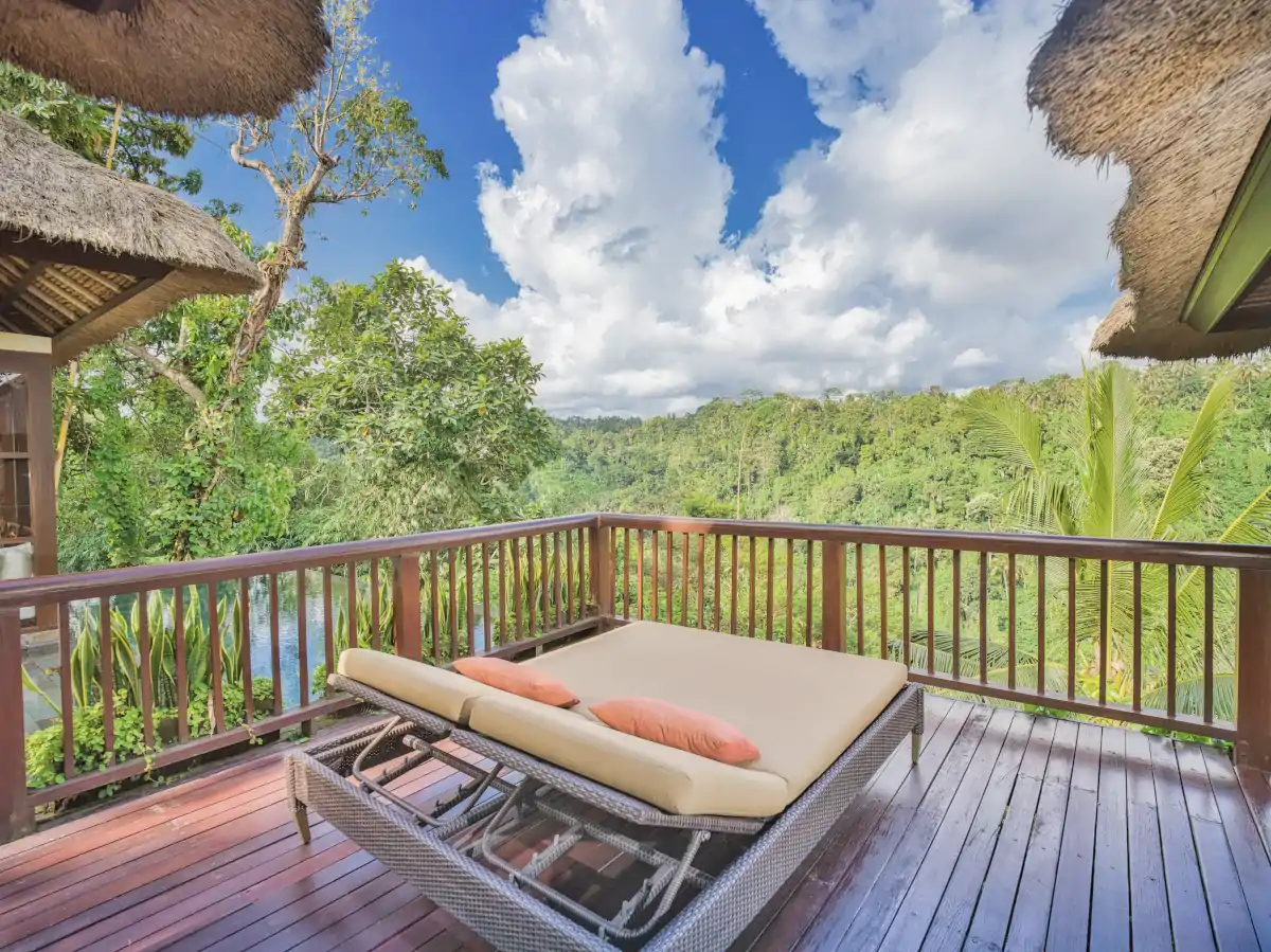 Luxury jungle valley view in Ubud during Bali summer with clear skies and lush greenery