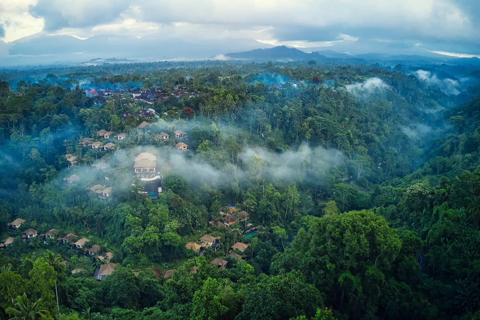 Ubud jungle valley with mist and rice terraces showing peaceful side of Bali during summer