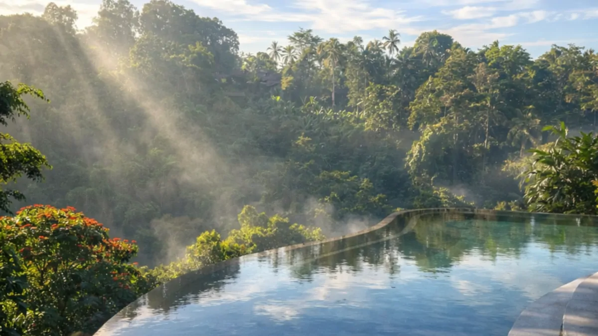 Hanging Gardens of Bali infinity pool overlooking rainforest valley Ubud luxury jungle resort