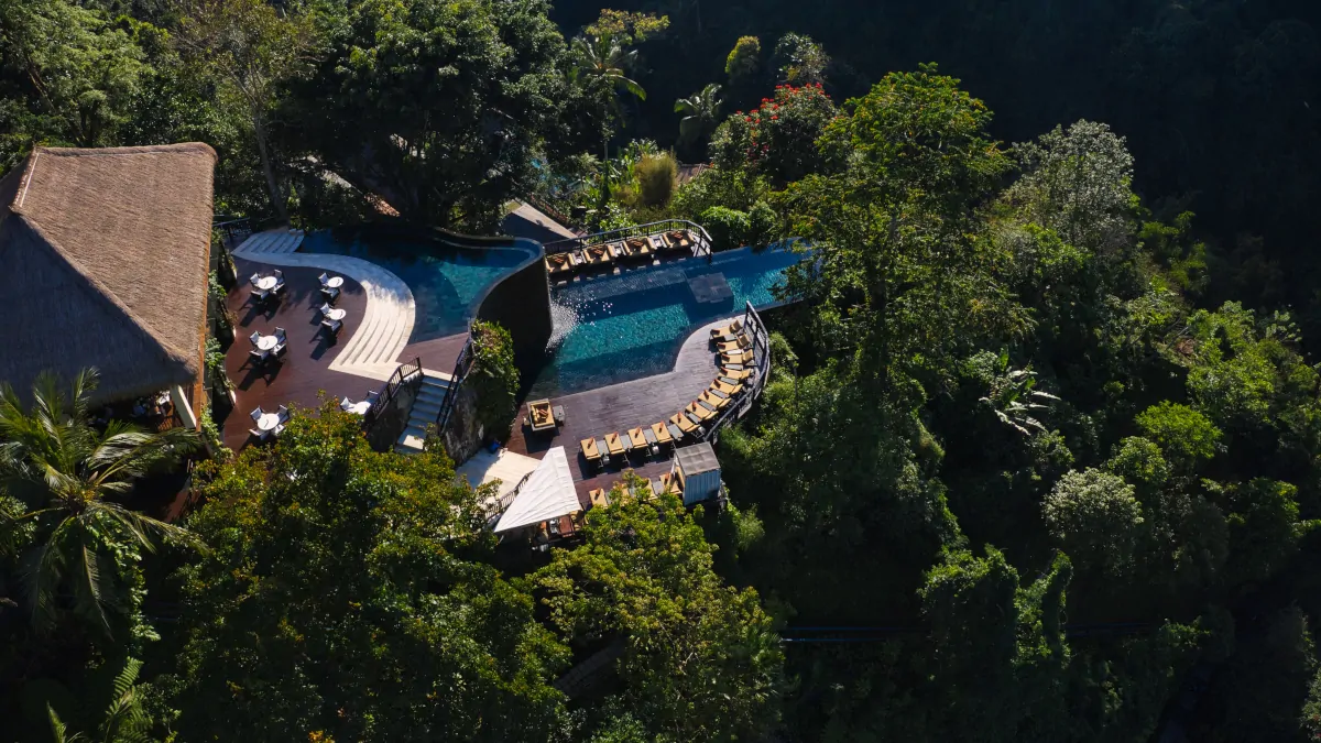 Hanging Gardens of Bali iconic two-tier infinity pool above jungle valley Ubud