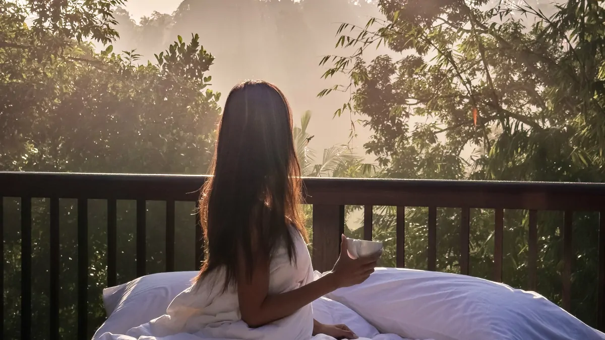 Ubud jungle morning mist sunlight rainforest Bali luxury stay atmosphere