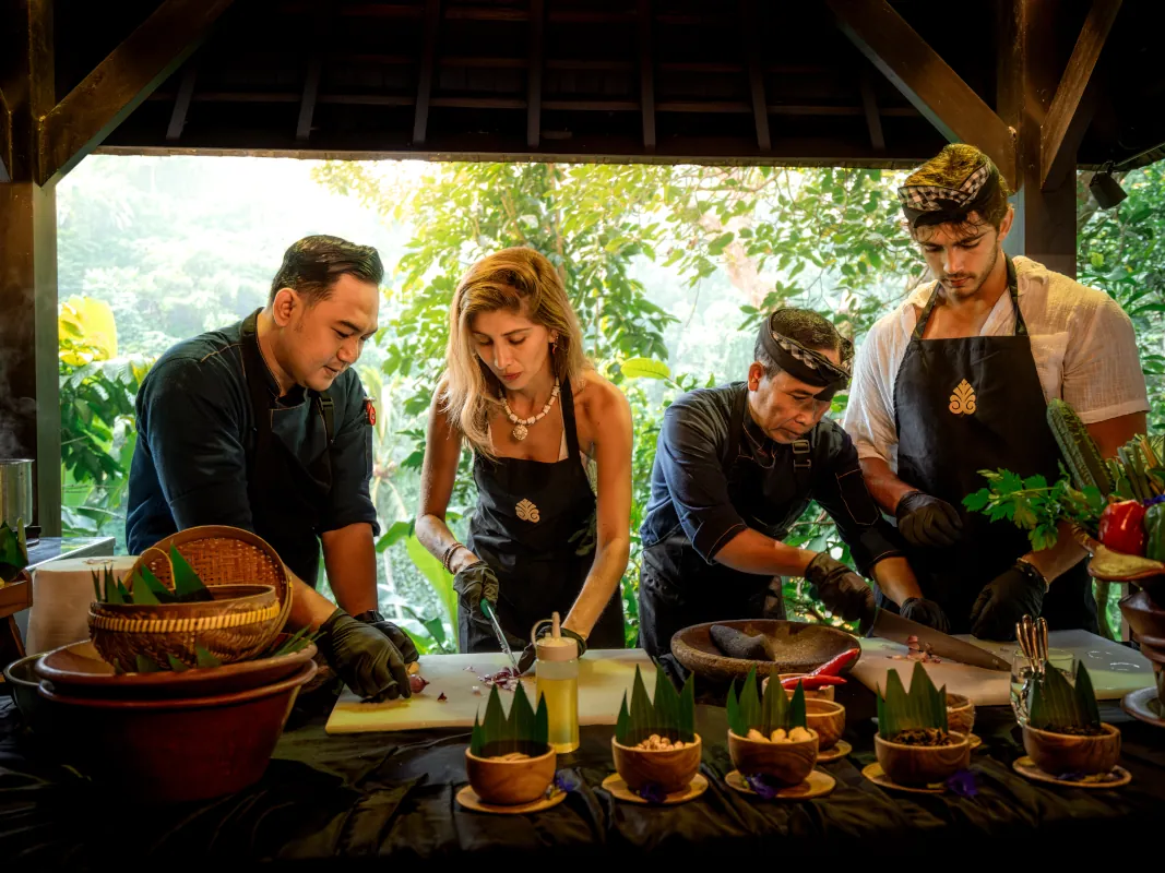 Balinese cooking experience using fresh garden ingredients at Hanging Gardens of Bali in Ubud