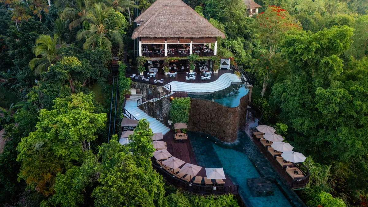 Cascading infinity pool overlooking the rainforest at Hanging Gardens of Bali