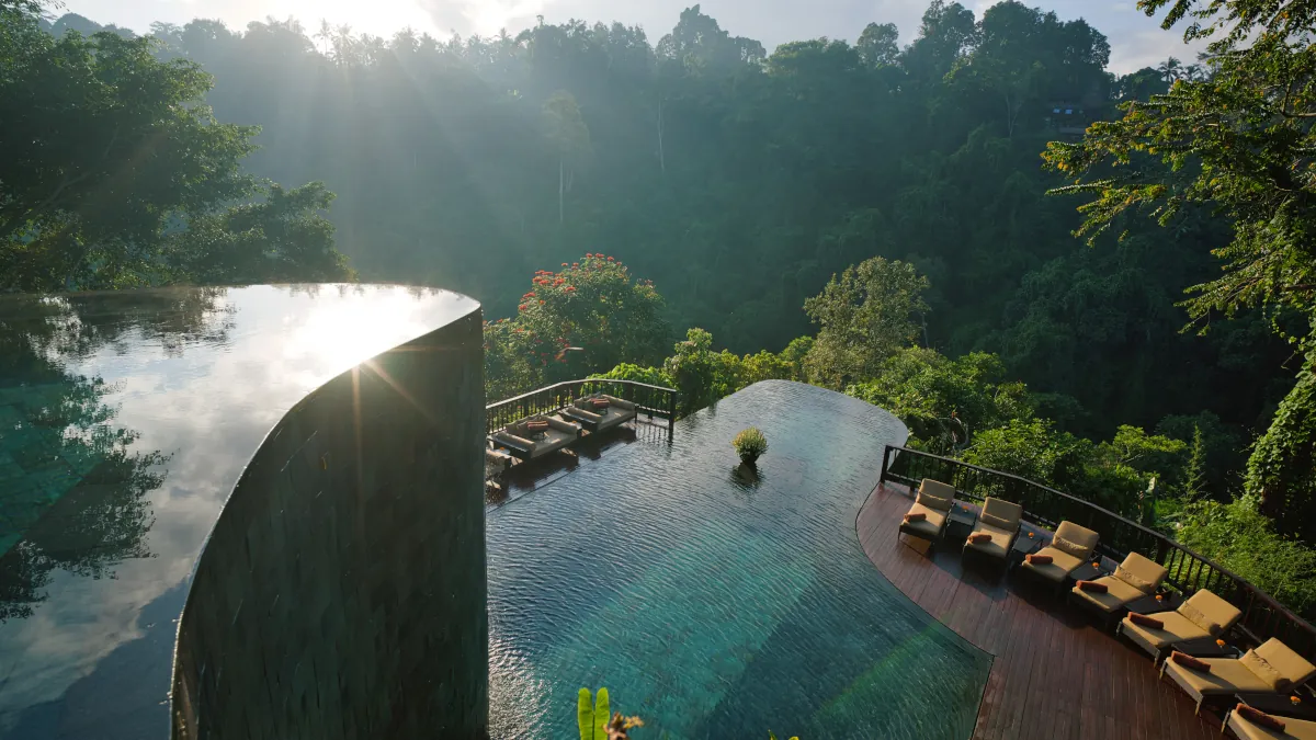 Hanging Gardens of Bali infinity pool in Ubud during Bali's lush October season