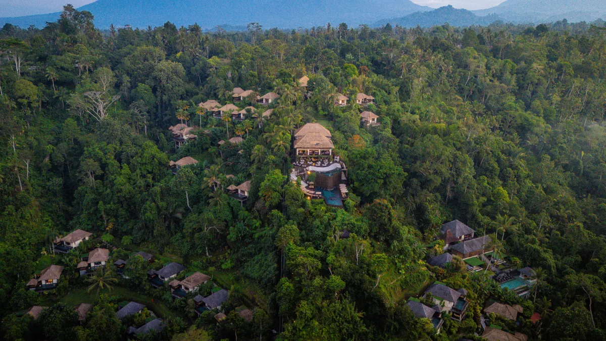 Hanging Gardens of Bali surrounded by lush Ubud rainforest in October