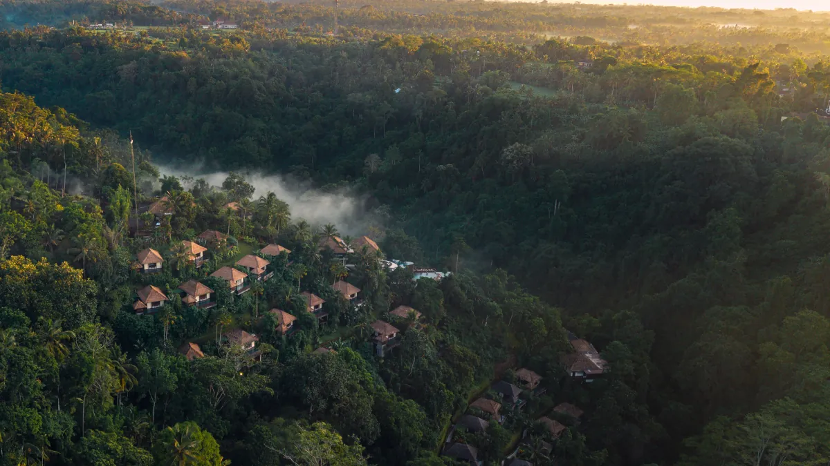 Luxury sunrise view from a private villa in Ubud Bali rainforest