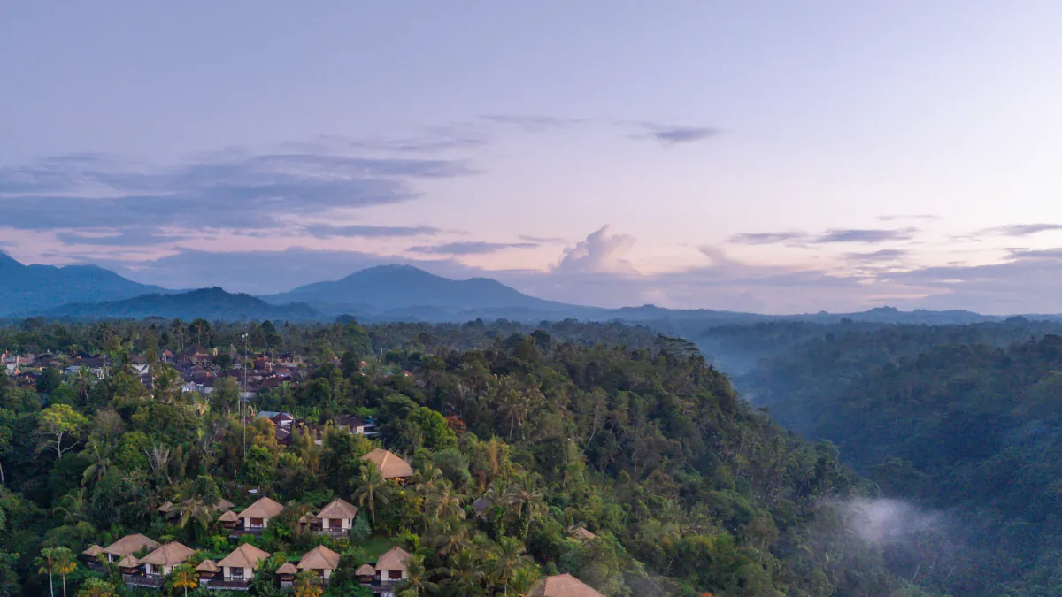 Morning mist over the rainforest from a luxury villa in Ubud Bali