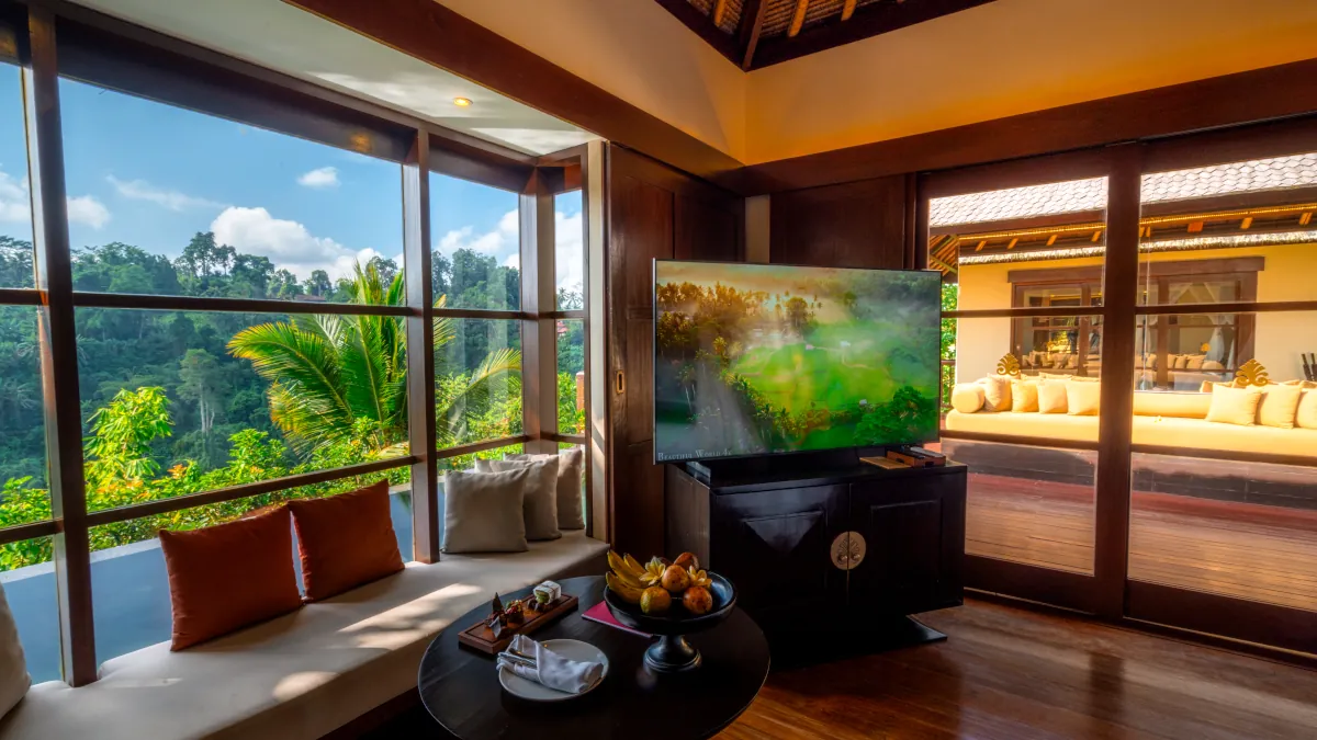 Ubud in October during tropical rain at Hanging Gardens of Bali in the Ayung River Valley