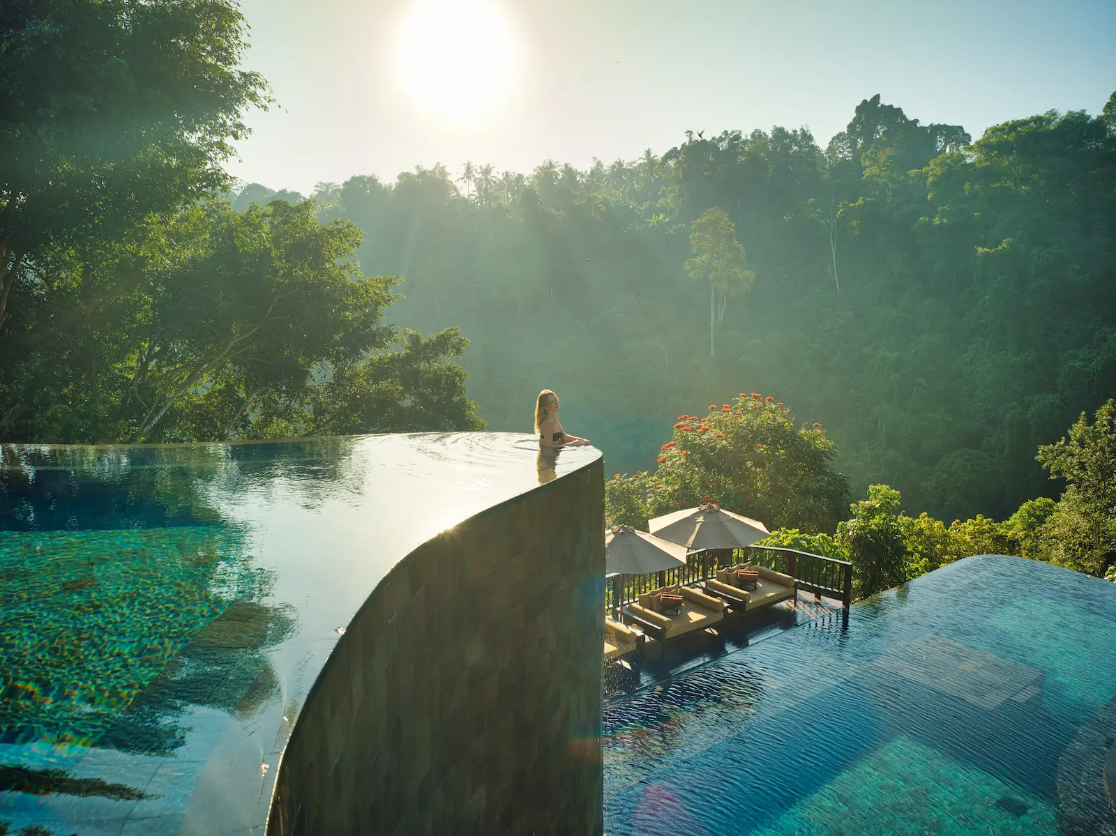 Aerial view of the award-winning two-tiered infinity pool at Hanging Gardens of Bali luxury resort in Ubud.
